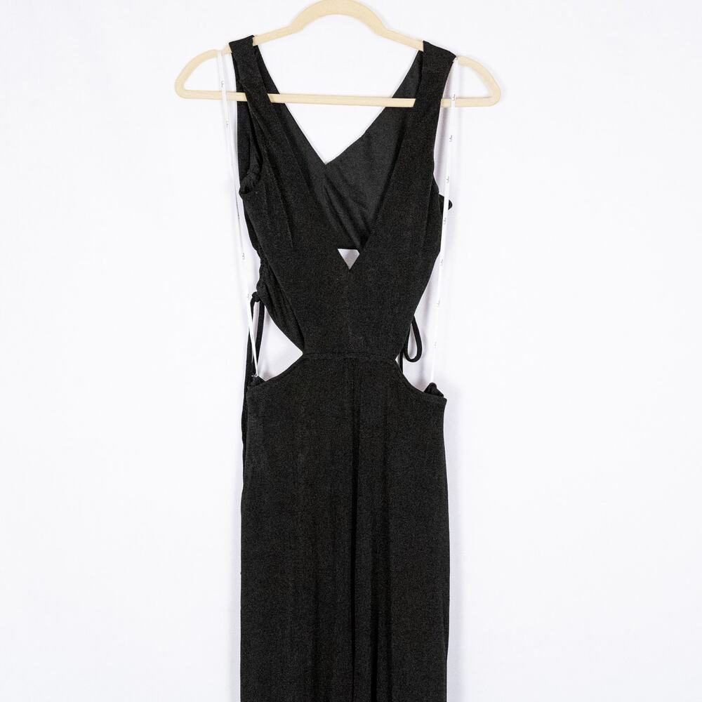 Lulus Black Slinky Knit Jumpsuit w/ Cutouts & Side Gathers #R1095 Wide Leg SMALL - Picture 2 of 4
